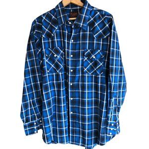 Plains Westernwear Lightweight Men's Western Shirt, Pearl Snaps Blue Plaid Sz XL